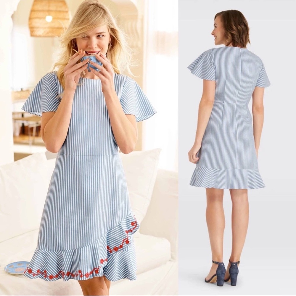 DRAPER JAMES | Blue and White Embroidered Seersucker Dress